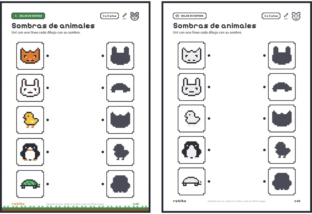La misma página, Sombras de animales, en versión a color y en versión en blanco y negro para pintar