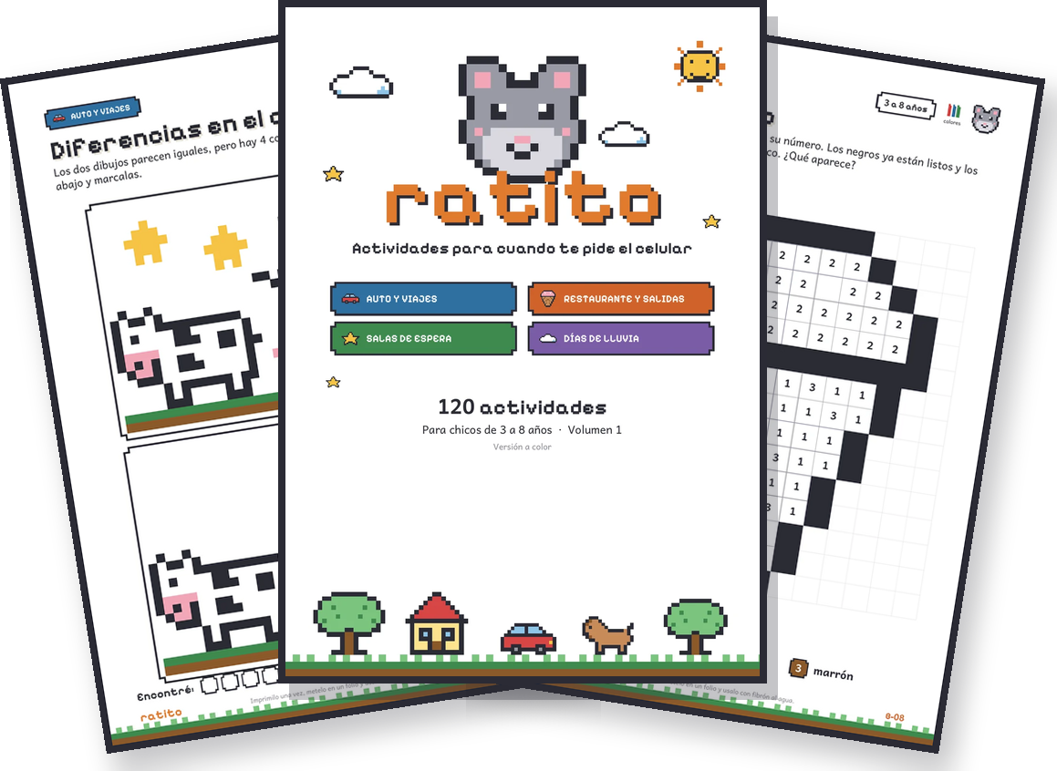 Tres páginas del kit Ratito en abanico: la portada con las cuatro secciones, una de encontrar las diferencias y una de pintar por números