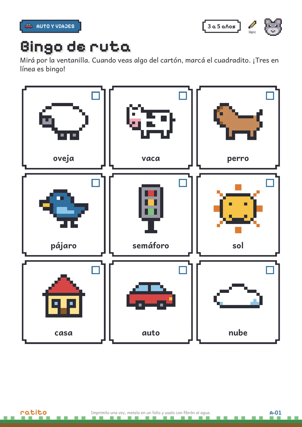 Página del kit: bingo de ruta con nueve dibujos para marcar desde la ventanilla, como una vaca, un semáforo y una casa