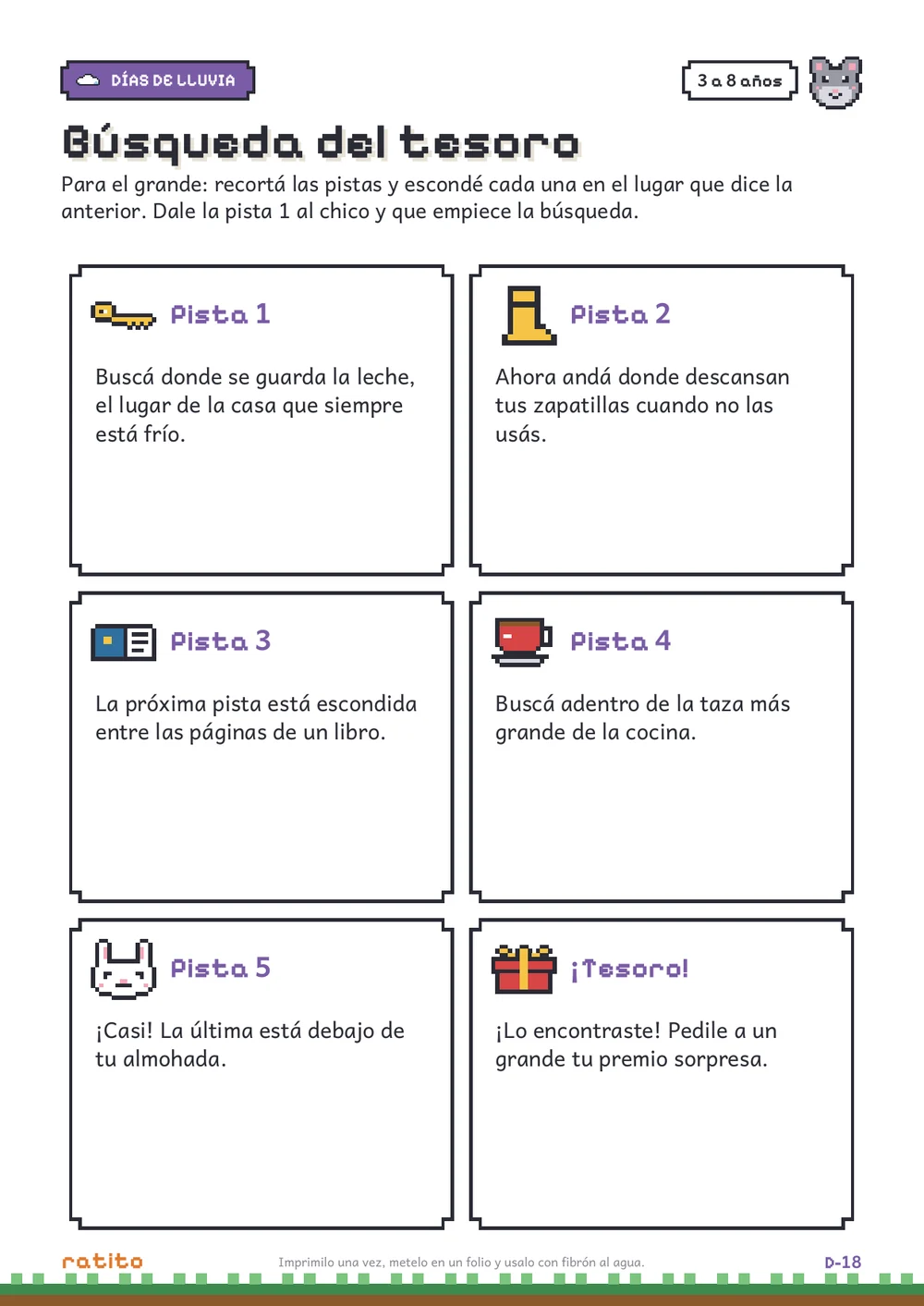 Página del kit: seis pistas para armar una búsqueda del tesoro en casa