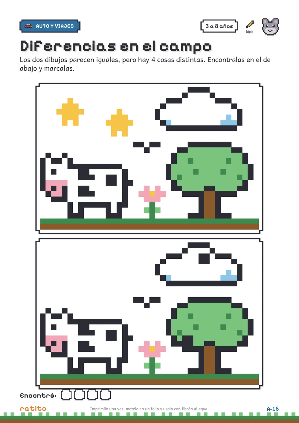Página del kit: dos dibujos de una vaca en el campo para encontrar las 4 diferencias