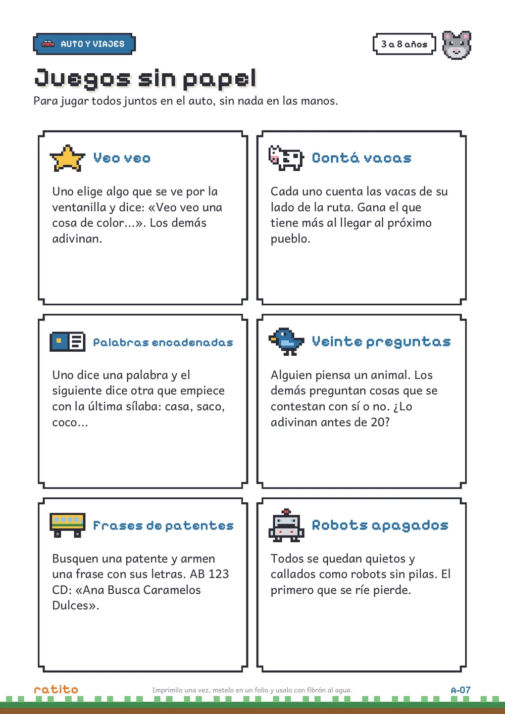 Página del kit: tarjetas de juegos sin papel para el auto, como veo veo, contá vacas y veinte preguntas