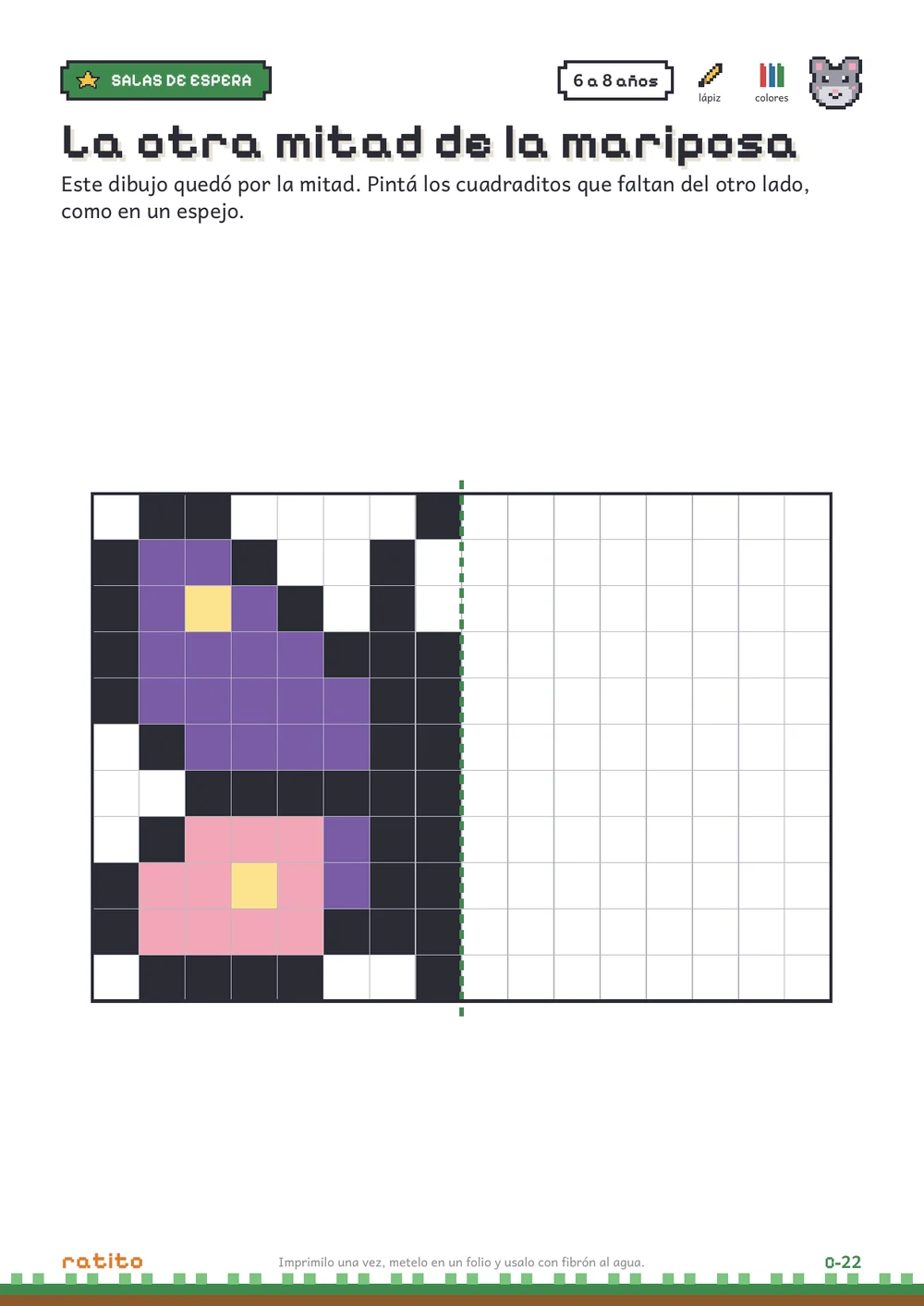 Página del kit: media mariposa pixelada para completar la otra mitad, como en un espejo