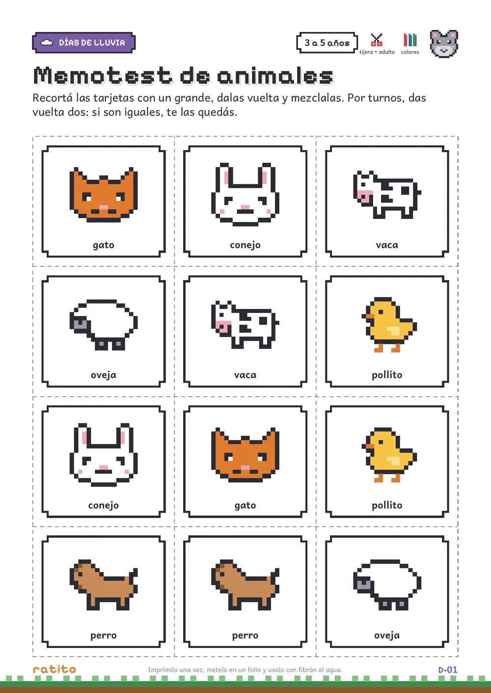 Página del kit: tarjetas de memotest con animales para recortar