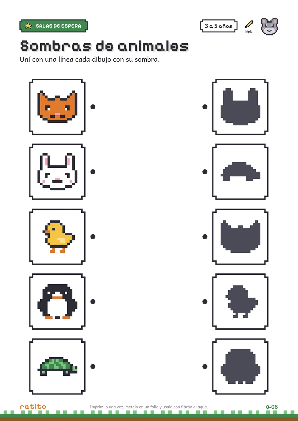 Página del kit: cinco animales pixelados para unir cada uno con su sombra